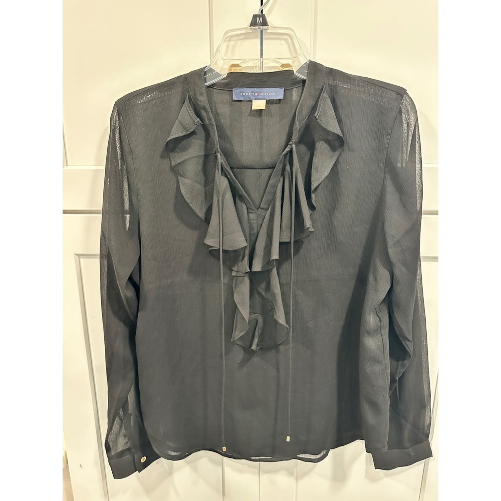 Tommy Hilfiger Black Sheer Ruffle Tie Neck Long Sleeve Blouse Top M